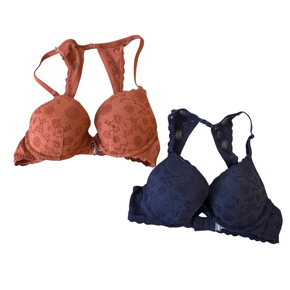 Aerie Sunnie Push Up Bra Bundle 2‎ 34B Lace Racerback Navy Rust Orange Underwire